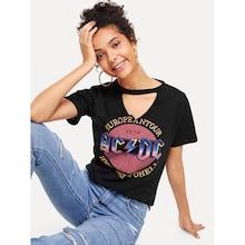 Romwe Cut Out Neck Printed Tee