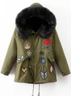 Romwe Army Green Patch Embroidery Faux Fur Hooded Coat