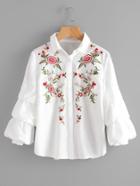 Romwe Tiered Bishop Sleeve Flower Embroidered Blouse