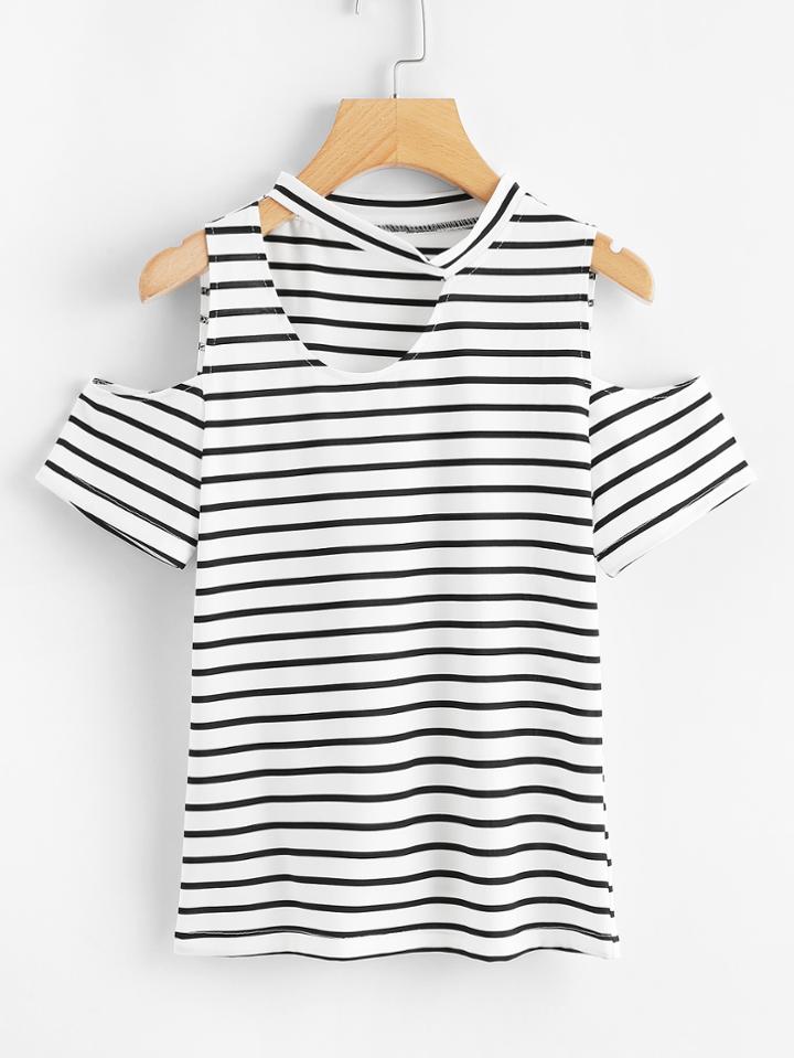 Romwe Open Shoulder Cut Out Neck Striped Tee