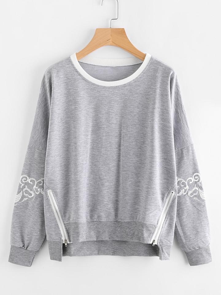 Romwe Embroidered Dip Hem Side Zip Sweatshirt