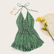 Romwe Ditsy Floral Drawstring Waist Halter Romper