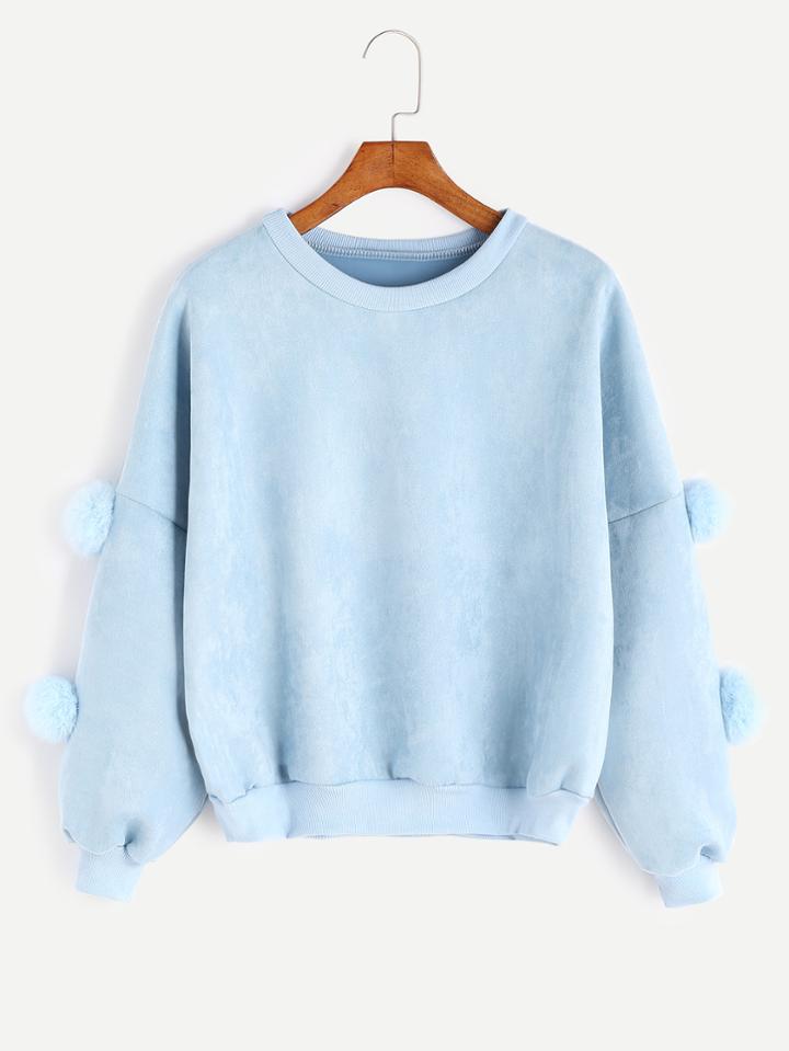 Romwe Sky Blue Drop Shoulder Pom Pom Embellished Sweatshirt