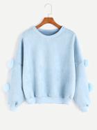 Romwe Sky Blue Drop Shoulder Pom Pom Embellished Sweatshirt