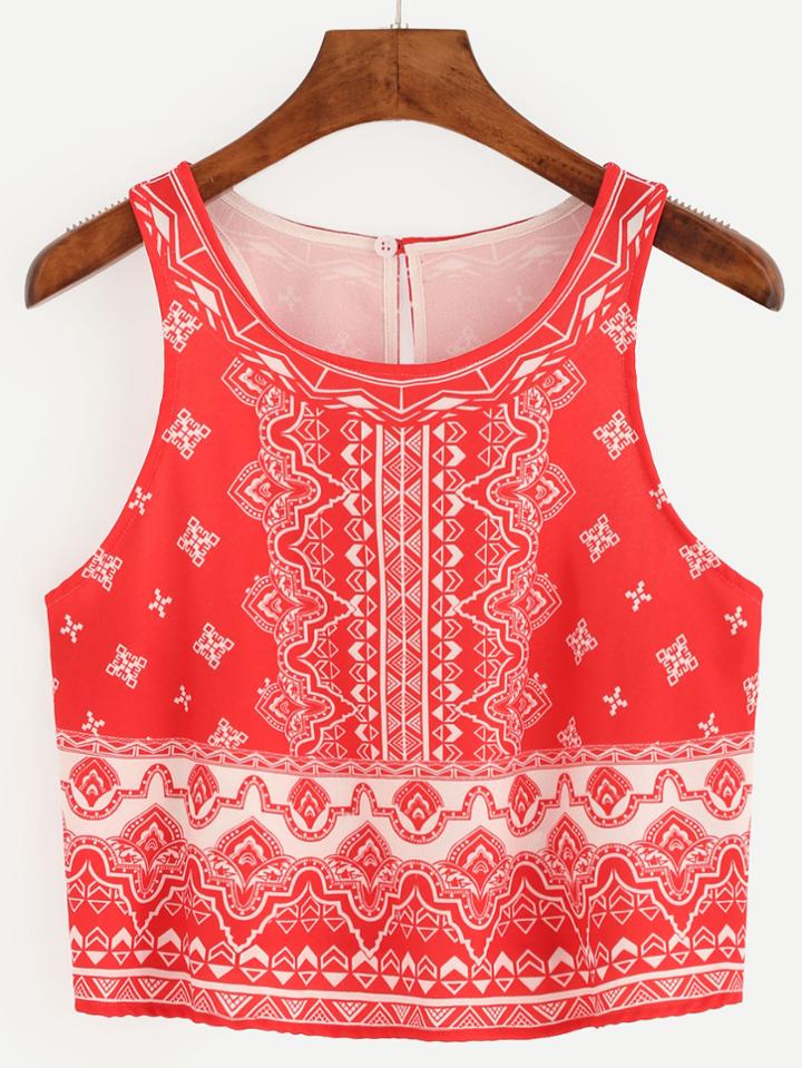 Romwe Red Retro Print Keyhole Racerback Tank Top