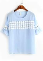 Romwe Contrast Lace Butterfly Sleeve Blue Top