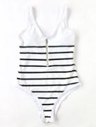 Romwe White Striped Front Zipper One-piece Swimwear