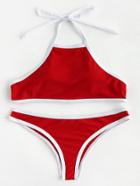 Romwe Contrast Piping Halter Bikini Set