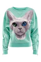 Romwe Cat Face Print Green Sweatshirt