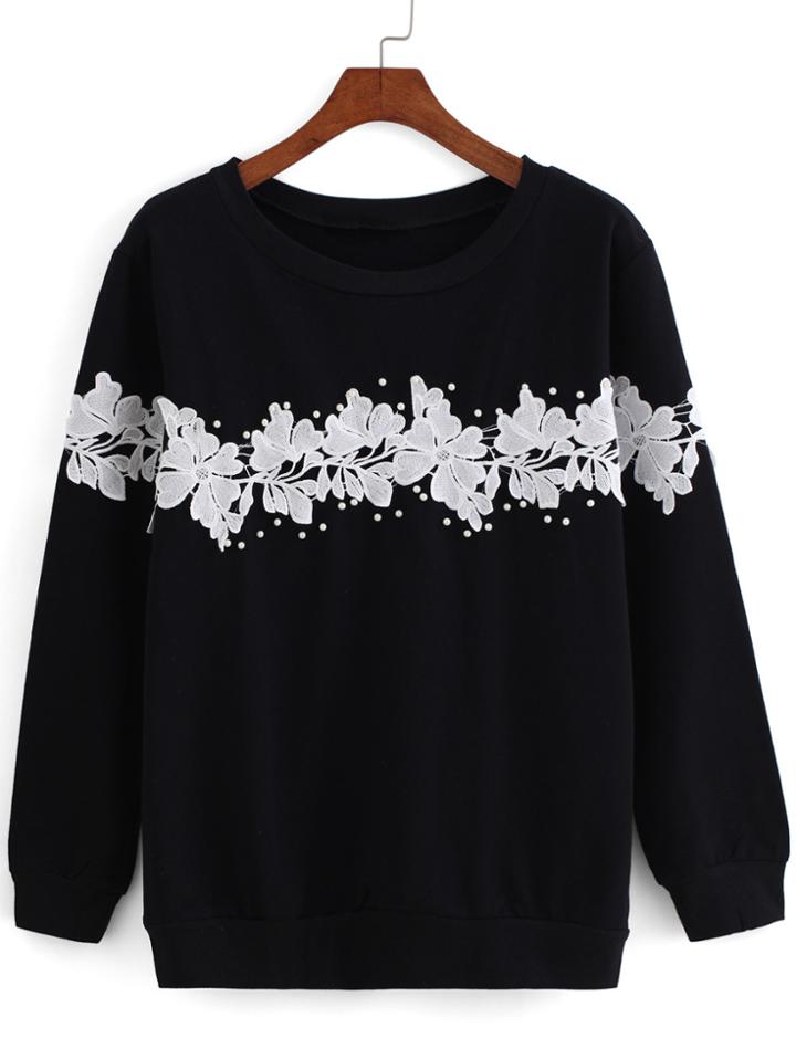 Romwe With Bead Floral Applique Black Sweatshirt
