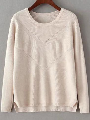 Romwe Dip Hem Slit Beige Sweater