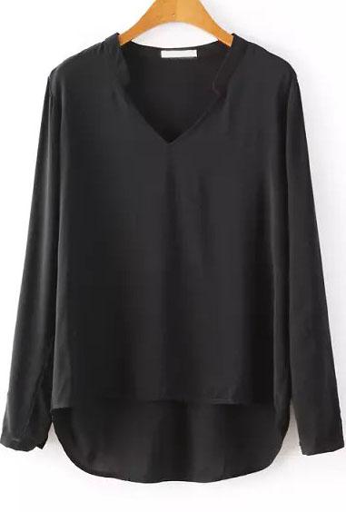 Romwe Black V Neck Long Sleeve Dipped Hem Blouse