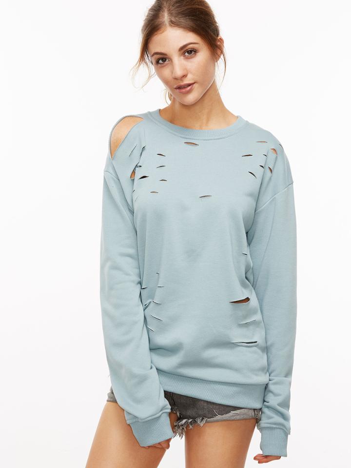 Romwe Blue Dropped Shoulder Seam Ripped Sweatshirt