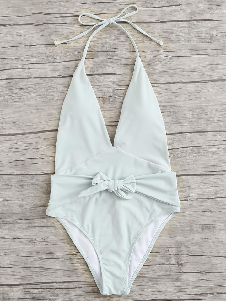 Romwe Knot Front Backless Swimsuit