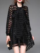 Romwe Black Sheer Striped Tie Neck Shift Dress