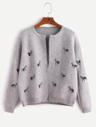 Romwe Grey Drop Shoulder Zebras Embroidered Sweater Coat