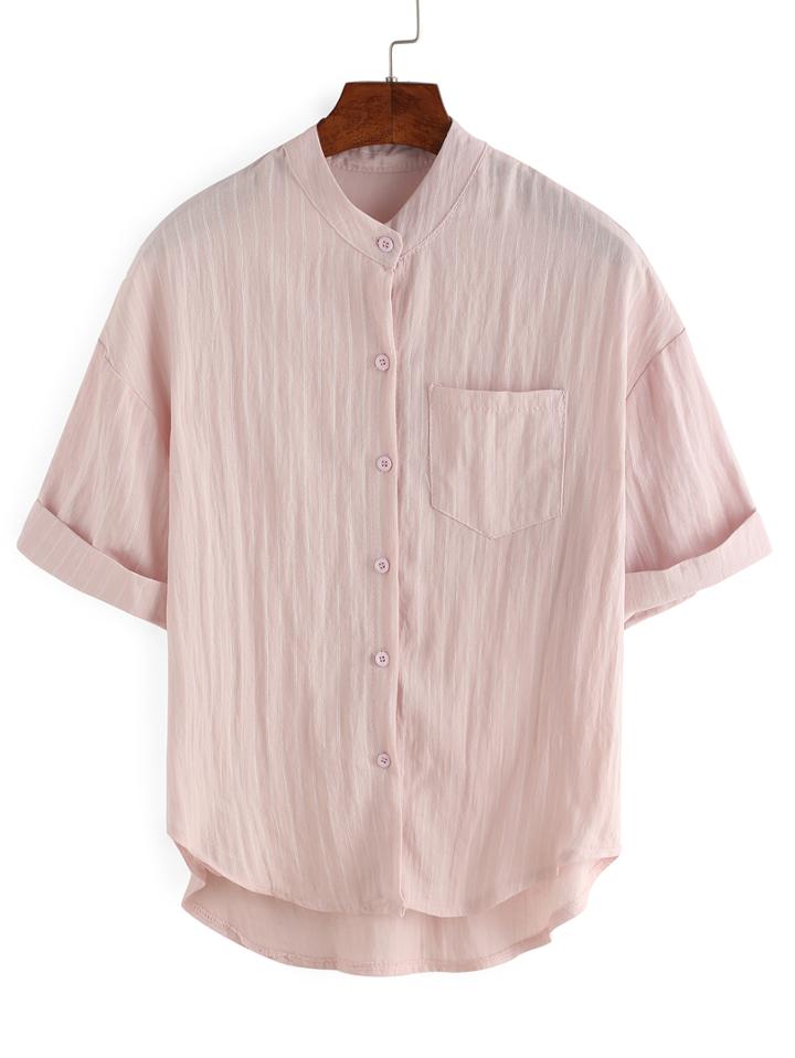 Romwe Vertical Striped Rolled Sleeve Blouse - Pink