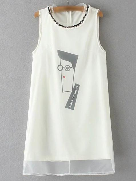 Romwe White Sleeveless Printed Zipper Dress
