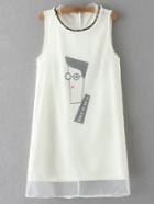 Romwe White Sleeveless Printed Zipper Dress