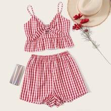 Romwe Gingham Tie Front Shirred Cami Top With Shorts