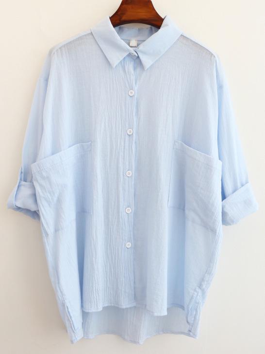 Romwe Lapel With Pockets Dip Hem Blue Blouse