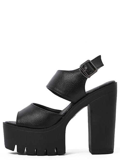 Romwe Wide Strap Platform Chunky Heel Sandals - Black