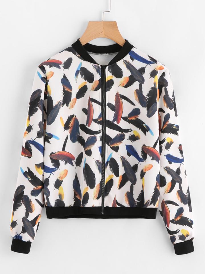 Romwe Contrast Trim Feather Print Jacket