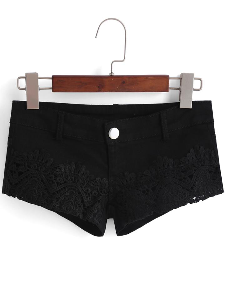 Romwe Lace Insert Crop Denim Black Shorts