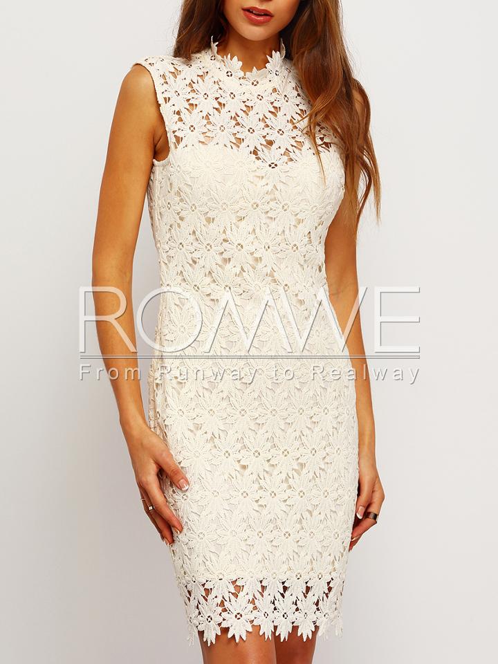 Romwe White Sleeveless Crochet Trim Keyhole Back Sheath Dress