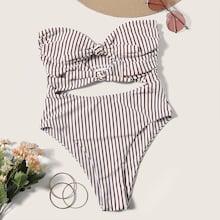 Romwe Striped Cut-out Tie Front One Piece Swimsuit
