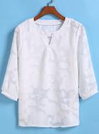 Romwe V Cut Lace Jacquard White Top