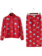 Romwe Stand Collar Zipper Knit Top With Stars Print Red Skirt
