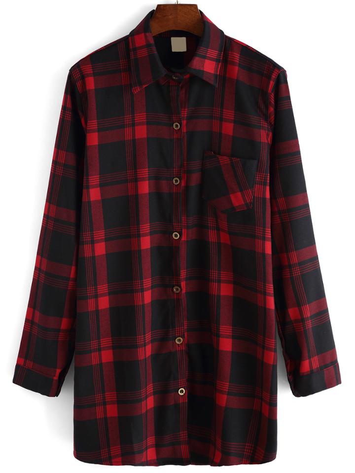 Romwe Lapel Plaid Buttons Pocket Long Red Blouse