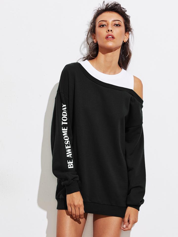 Romwe Asymmetric Contrast Open Shoulder Pullover
