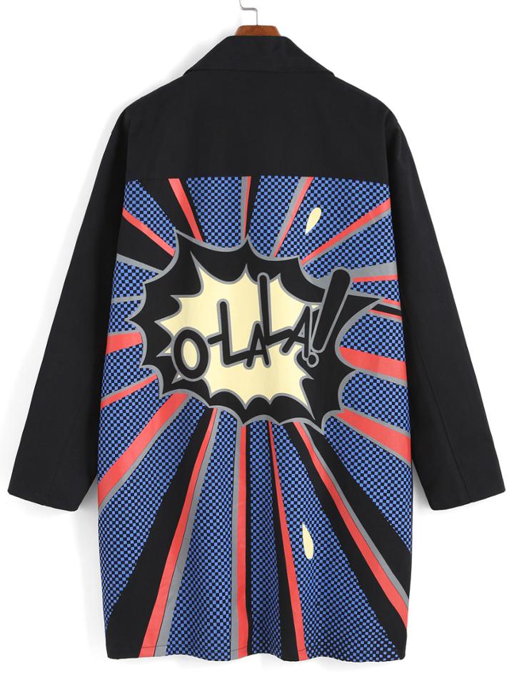 Romwe Lapel Letter Print Buttons Pockets Black Coat