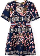 Romwe Short Sleeve Back Zipper Florals Navy Dress