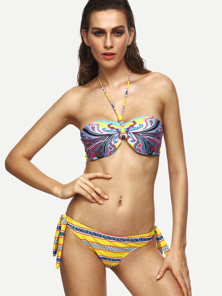 Romwe Yellow Pattern Print Halter Neck Bikini Set