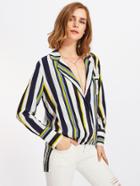 Romwe Piping Detail Revere Collar Stepped Hem Blouse