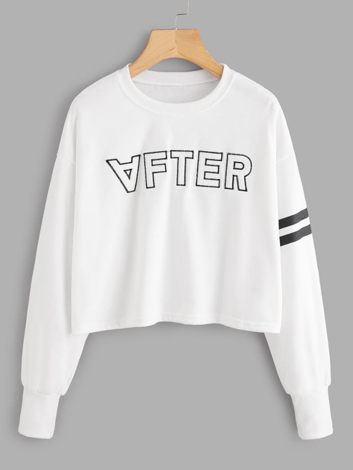 Romwe Letter Embroidered Varsity Striped Sweatshirt