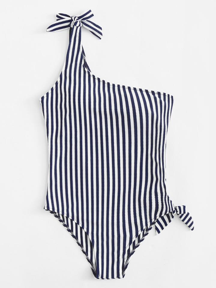Romwe One Shoulder Striped Swimsuit