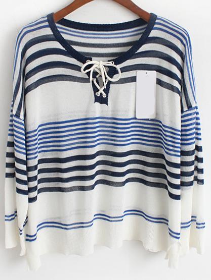 Romwe Striped Lace Up Blue Sweater