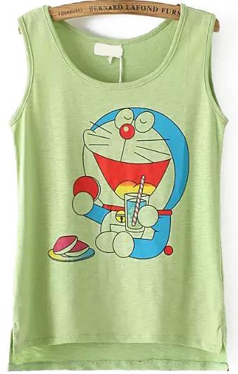 Romwe Dip Hem Doraemon Print Green Tank Top