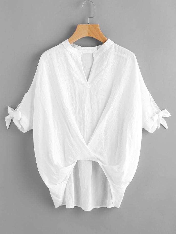 Romwe V Neckline Dip Hem Bow Tie Sleeve Top