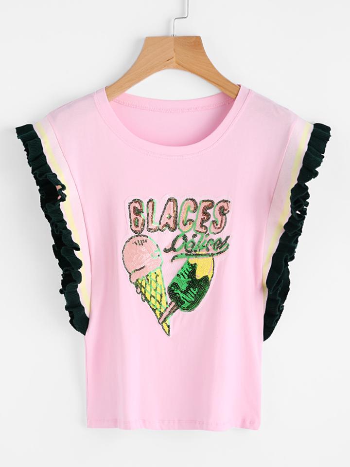 Romwe Ruffle Sleeve Sequins Ice Cream Tee