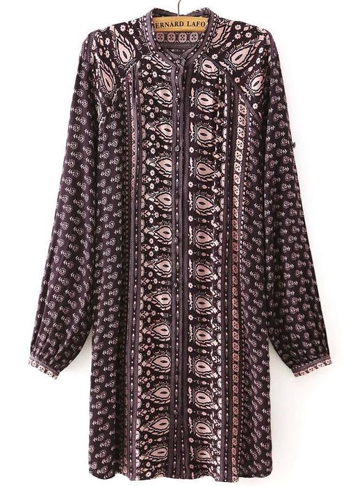 Romwe Stand Collar Vintage Print Shirt Dress