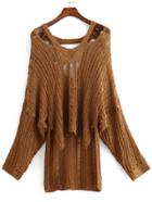 Romwe V Neck Dip Hem Hollow Sweater