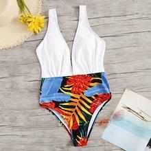 Romwe Leaf Print Ruched Plunge One Piece Swimwear