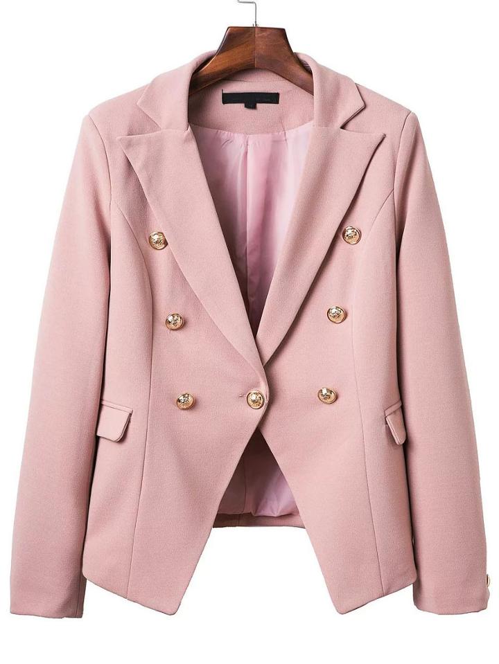 Romwe Pink Double Breasted Notch Lapel Blazer