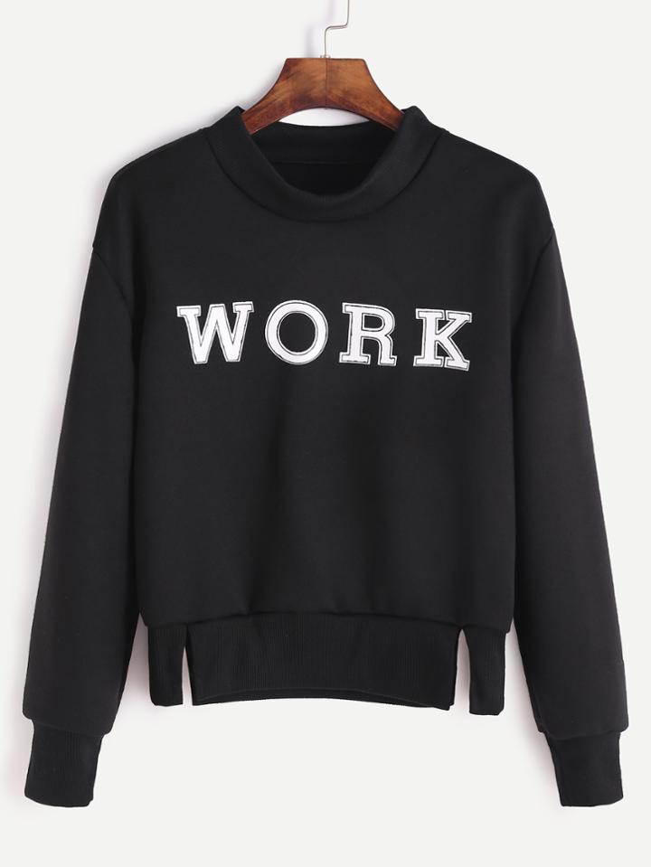 Romwe Black Letter Patch Slit Hem Sweatshirt