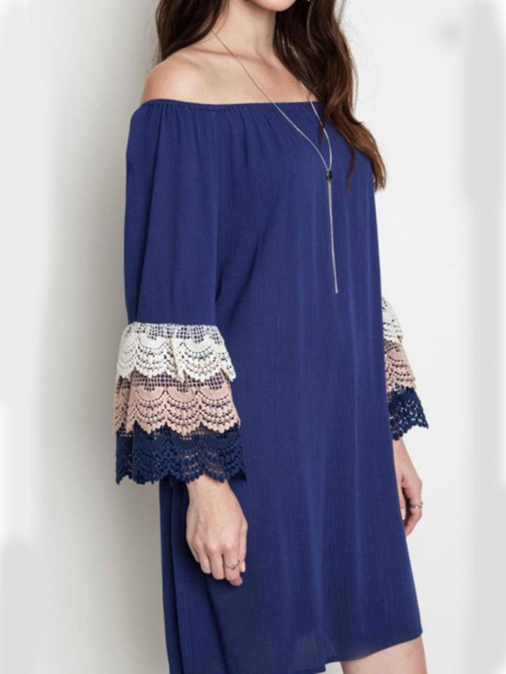 Romwe Blue Off The Shoulder Bell Sleeve Dress